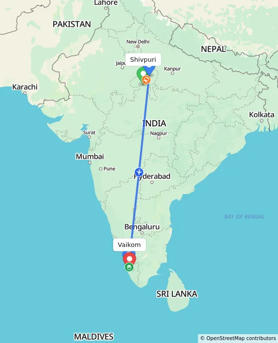 Route map showing distance and travel time from Shivpuri, India to Vaikom, India