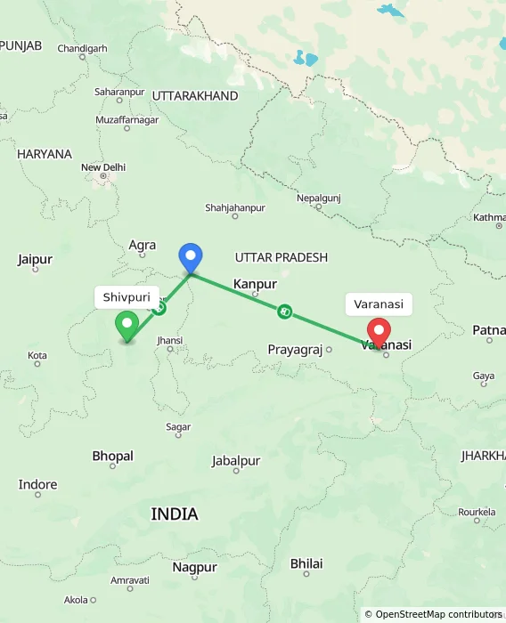 Route map showing distance and travel time from Shivpuri, India to Varanasi, India