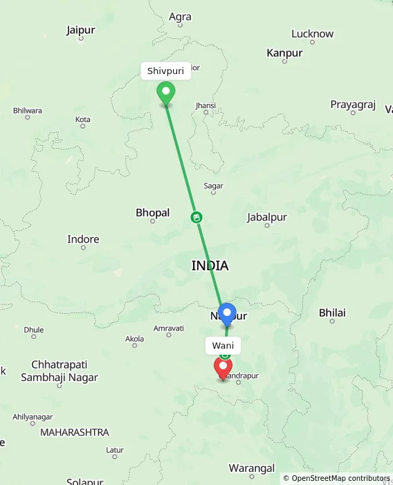 Route map showing distance and travel time from Shivpuri, India to Wani, India