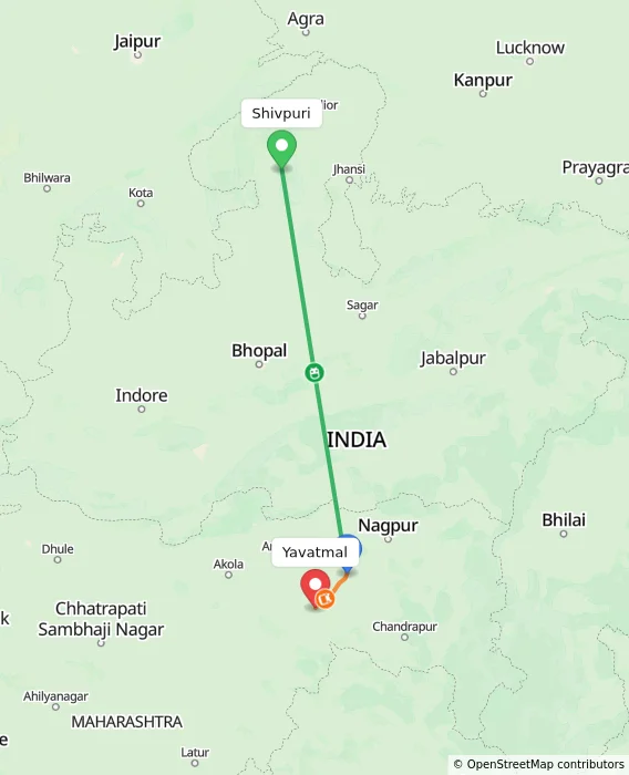 Route map showing distance and travel time from Shivpuri, India to Yavatmal, India