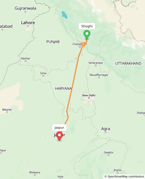 Route map showing distance and travel time from Shoghi, India to Jaipur, India