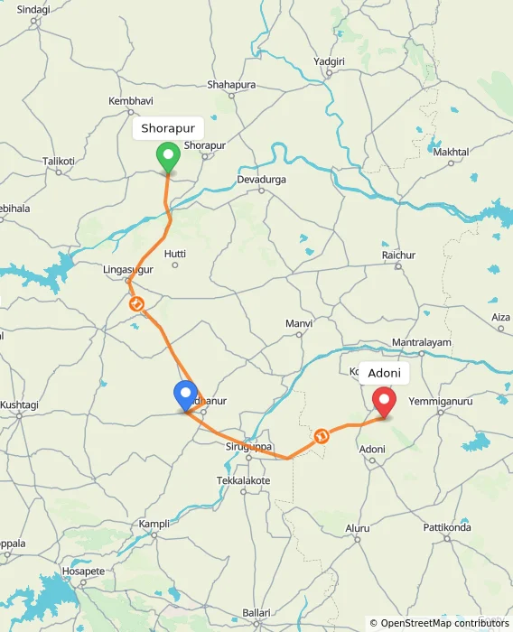 Route map showing distance and travel time from Shorapur, India to Adoni, India