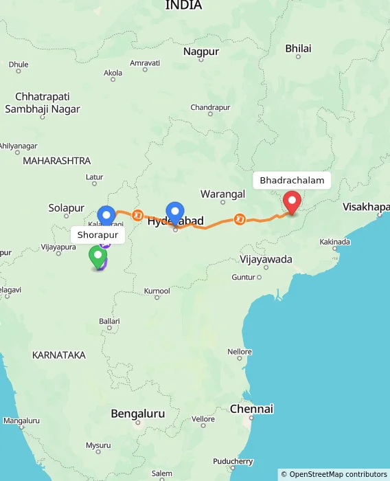 Route map showing distance and travel time from Shorapur, India to Bhadrachalam, India
