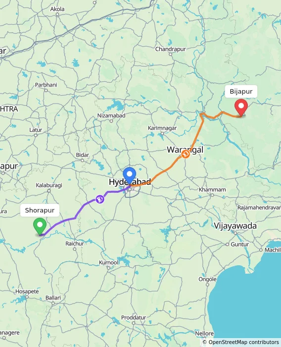 Route map showing distance and travel time from Shorapur, India to Bijapur, India