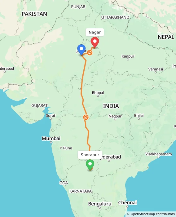 Route map showing distance and travel time from Shorapur, India to Nagar, India