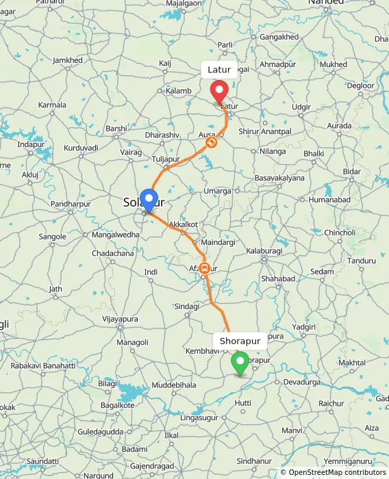 Route map showing distance and travel time from Shorapur, India to Latur, India