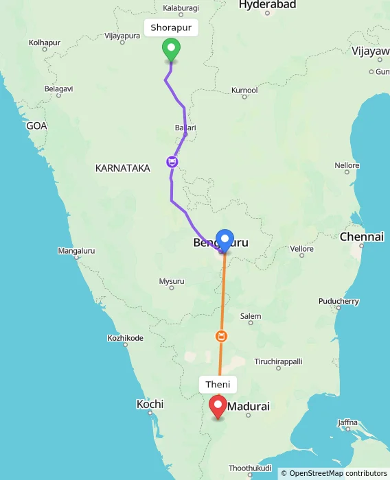 Route map showing distance and travel time from Shorapur, India to Theni, India