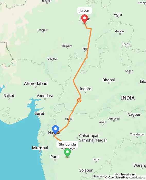 Route map showing distance and travel time from Shrigonda, India to Jaipur, India