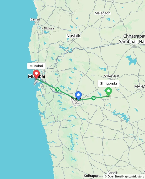 Route map showing distance and travel time from Shrigonda, India to Mumbai, India