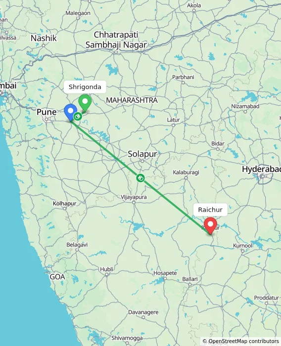 Route map showing distance and travel time from Shrigonda, India to Raichur, India