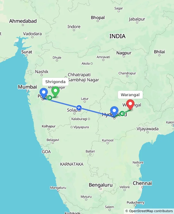 Route map showing distance and travel time from Shrigonda, India to Warangal, India