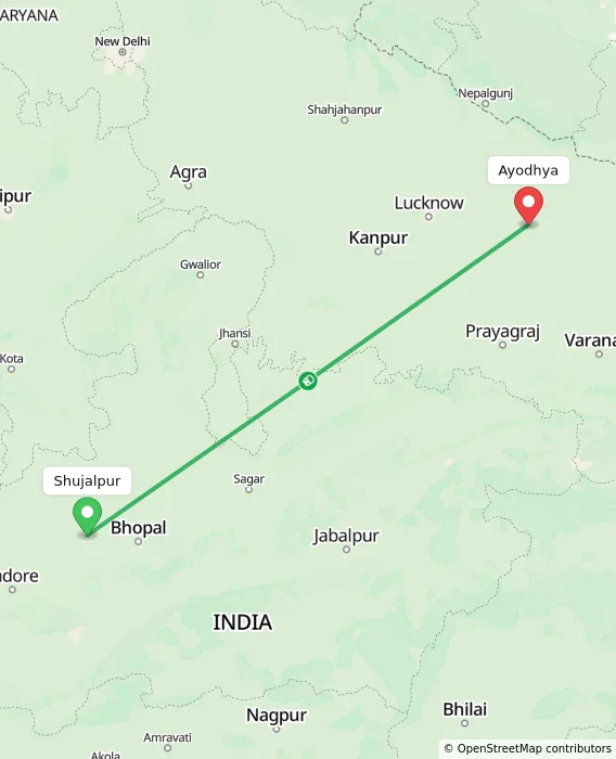 Route map showing distance and travel time from Shujalpur, India to Ayodhya, India