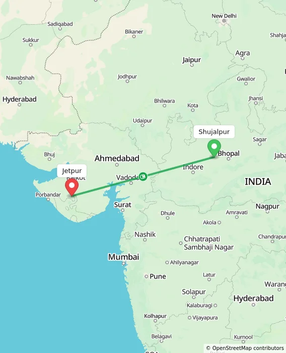 Route map showing distance and travel time from Shujalpur, India to Jetpur, India