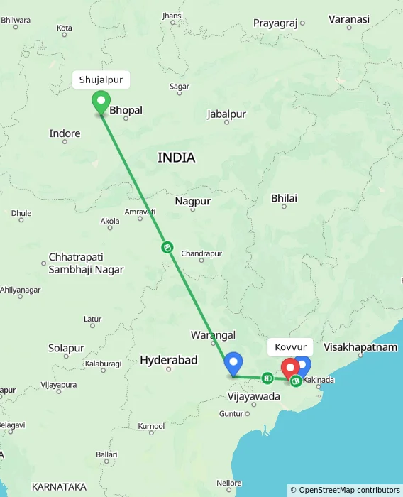 Route map showing distance and travel time from Shujalpur, India to Kovvur, India