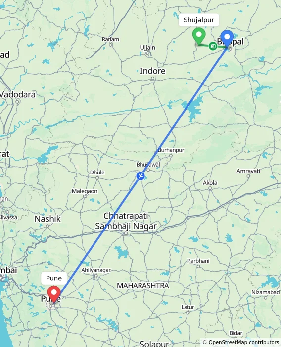 Route map showing distance and travel time from Shujalpur, India to Pune, India