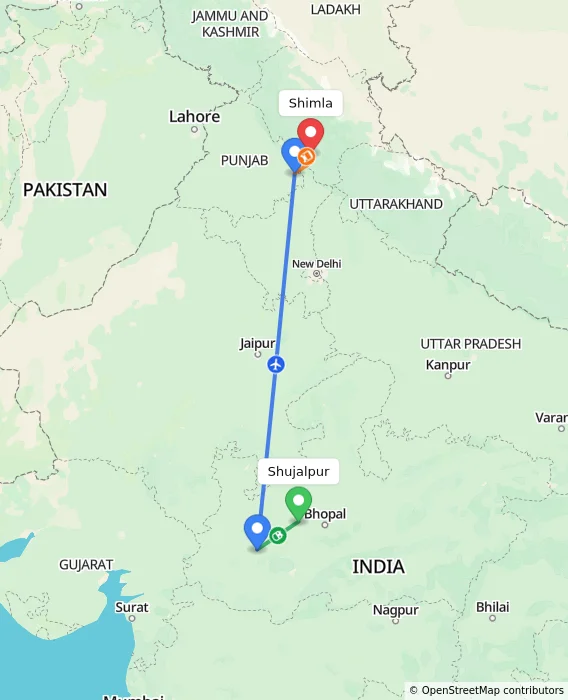 Route map showing distance and travel time from Shujalpur, India to Shimla, India