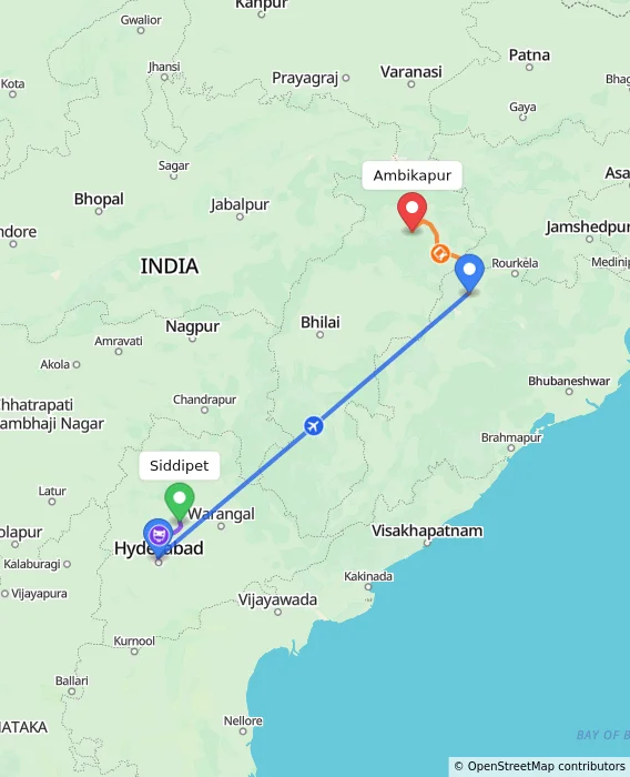 Route map showing distance and travel time from Siddipet, India to Ambikapur, India