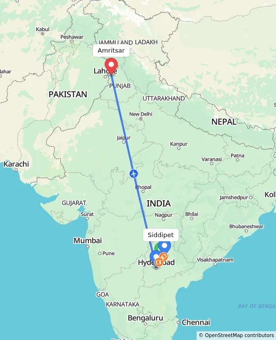 Route map showing distance and travel time from Siddipet, India to Amritsar, India
