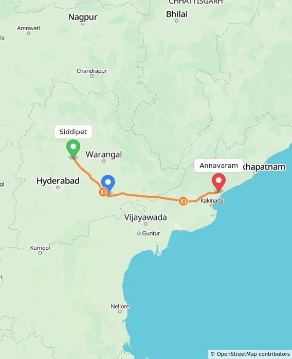 Route map showing distance and travel time from Siddipet, India to Annavaram, India
