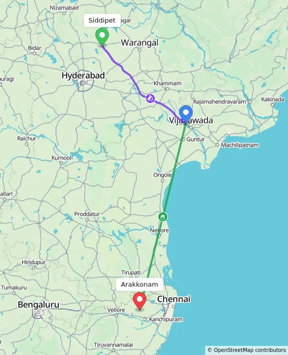 Route map showing distance and travel time from Siddipet, India to Arakkonam, India