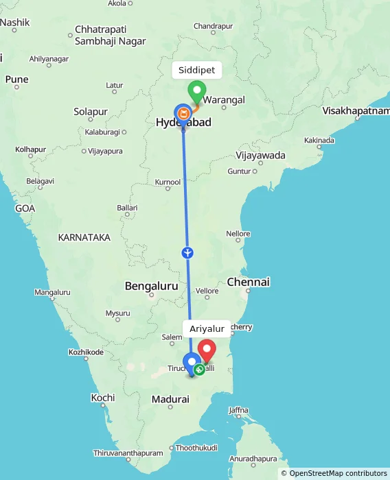 Route map showing distance and travel time from Siddipet, India to Ariyalur, India