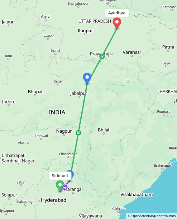 Route map showing distance and travel time from Siddipet, India to Ayodhya, India
