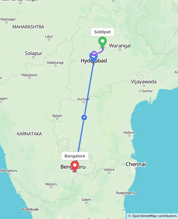 Route map showing distance and travel time from Siddipet, India to Bangalore, India