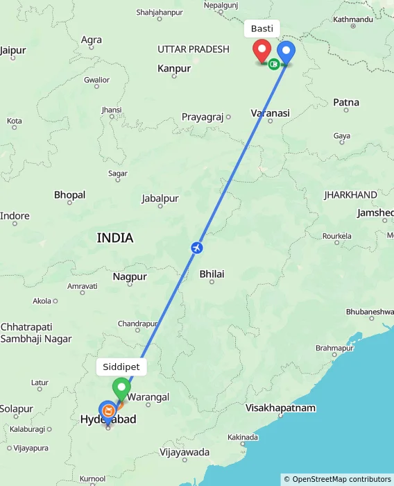 Route map showing distance and travel time from Siddipet, India to Basti, India