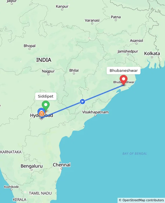 Route map showing distance and travel time from Siddipet, India to Bhubaneshwar, India