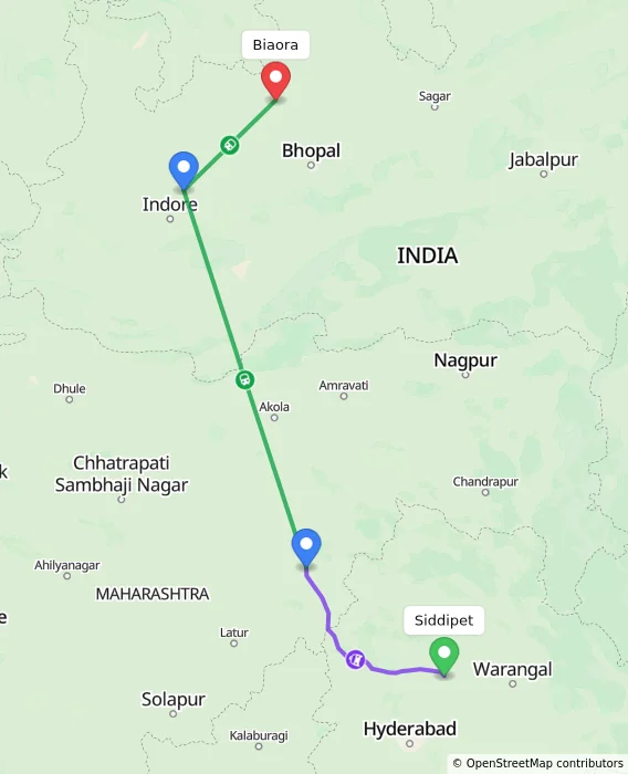Route map showing distance and travel time from Siddipet, India to Biaora, India