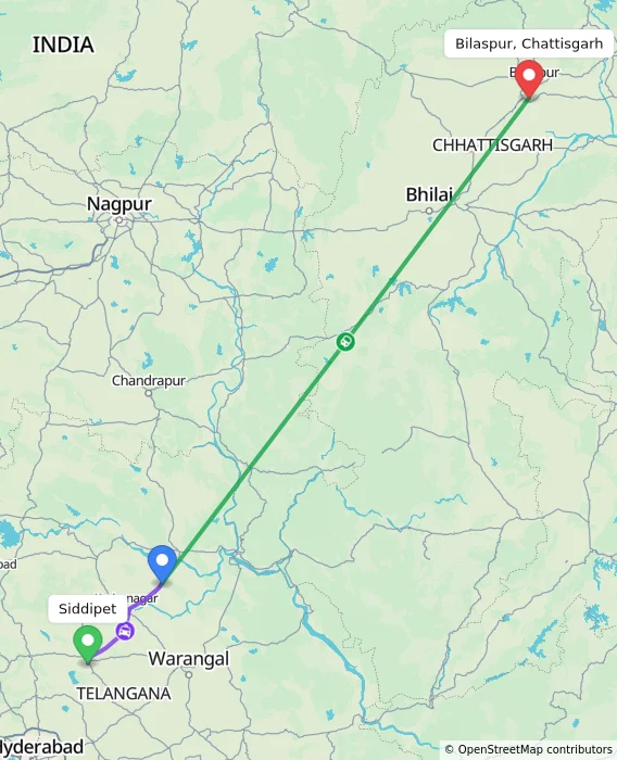 Route map showing distance and travel time from Siddipet, India to Bilaspur, Chattisgarh, India