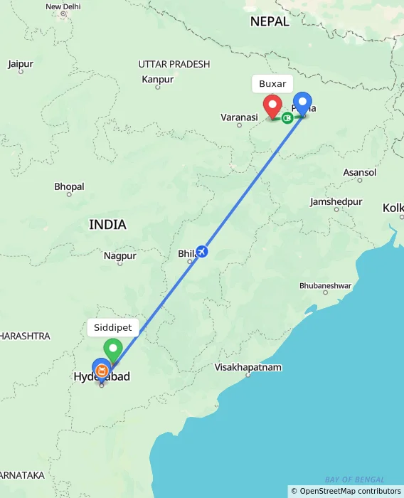 Route map showing distance and travel time from Siddipet, India to Buxar, India