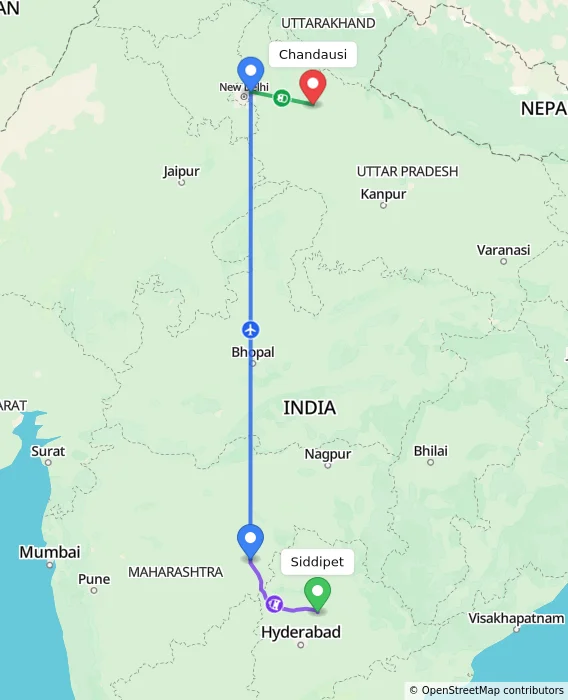 Route map showing distance and travel time from Siddipet, India to Chandausi, India
