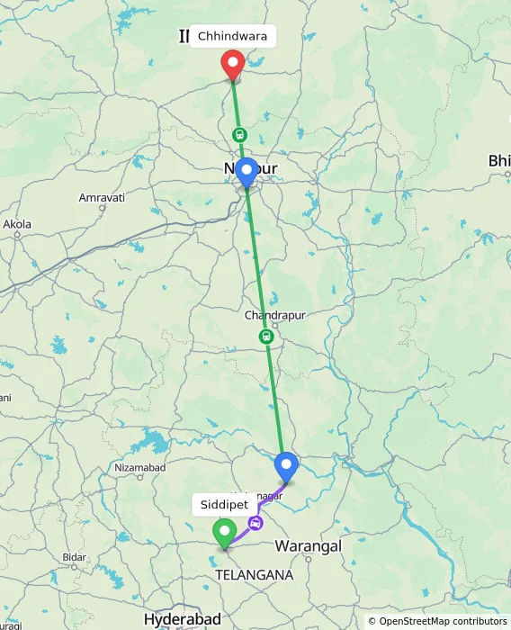 Route map showing distance and travel time from Siddipet, India to Chhindwara, India