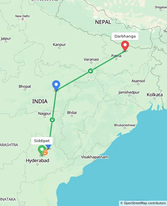 Route map showing distance and travel time from Siddipet, India to Darbhanga, India