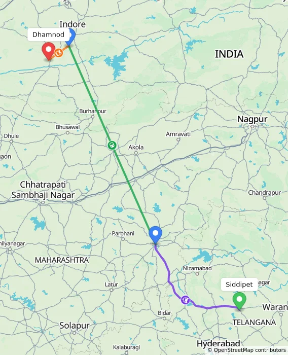 Route map showing distance and travel time from Siddipet, India to Dhamnod, India