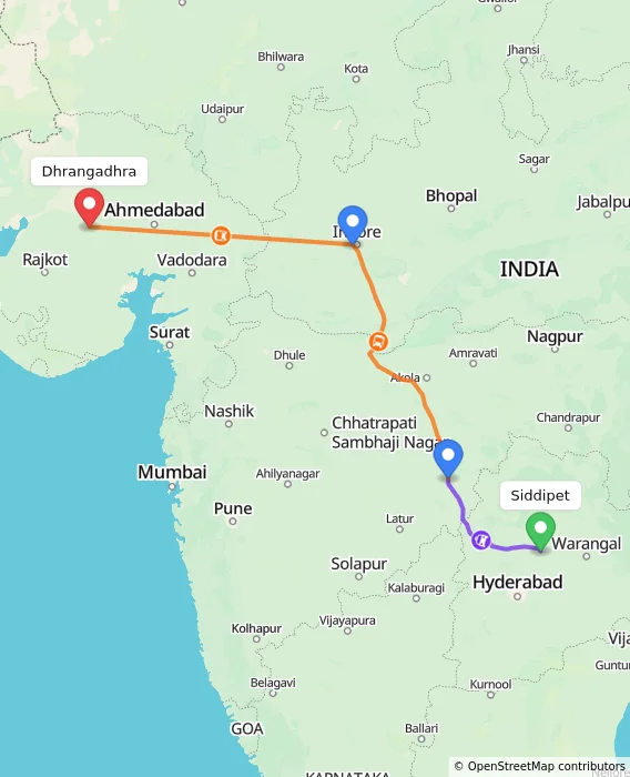 Route map showing distance and travel time from Siddipet, India to Dhrangadhra, India