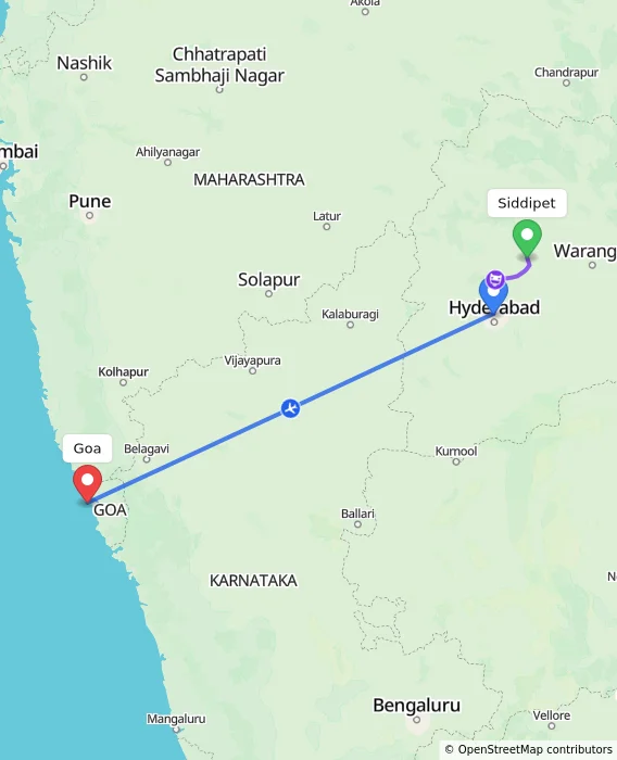 Route map showing distance and travel time from Siddipet, India to Goa, India