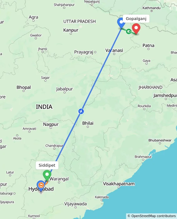 Route map showing distance and travel time from Siddipet, India to Gopalganj, India
