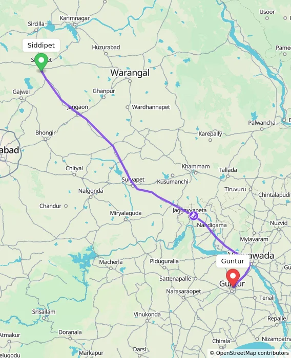 Route map showing distance and travel time from Siddipet, India to Guntur, India