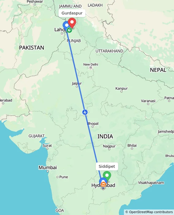 Route map showing distance and travel time from Siddipet, India to Gurdaspur, India