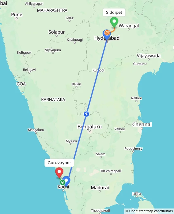 Route map showing distance and travel time from Siddipet, India to Guruvayoor, India