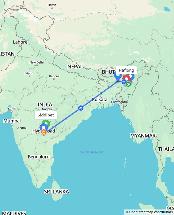 Route map showing distance and travel time from Siddipet, India to Haflong, India