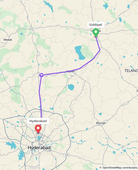 Route map showing distance and travel time from Siddipet, India to Hyderabad, India