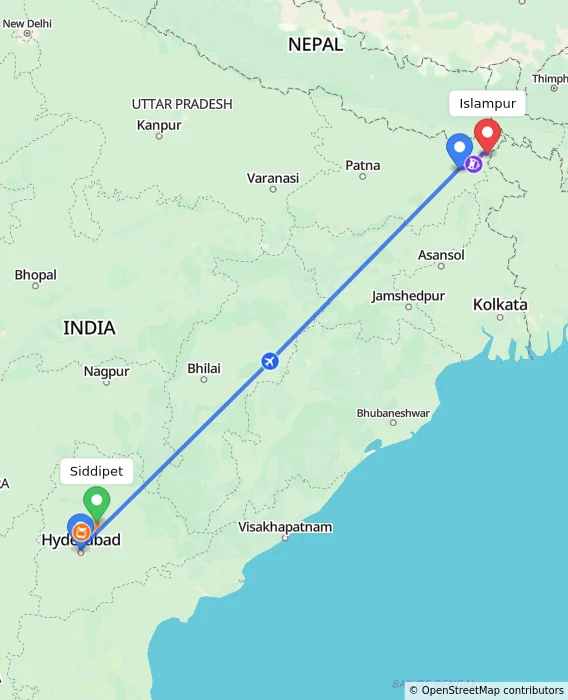 Route map showing distance and travel time from Siddipet, India to Islampur, India