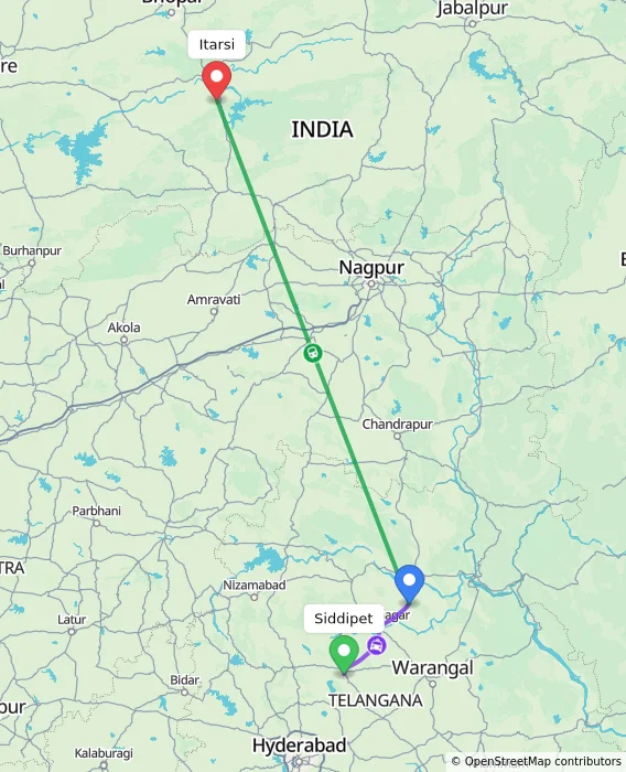 Route map showing distance and travel time from Siddipet, India to Itarsi, India
