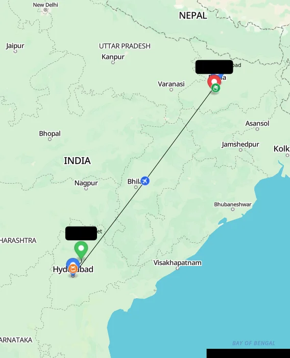 Route map showing distance and travel time from Siddipet, India to Jahanabad, India