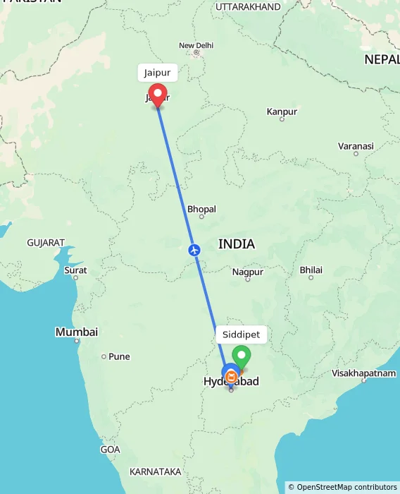 Route map showing distance and travel time from Siddipet, India to Jaipur, India