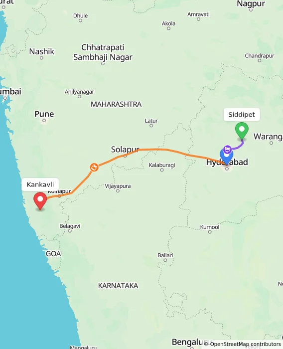 Route map showing distance and travel time from Siddipet, India to Kankavli, India