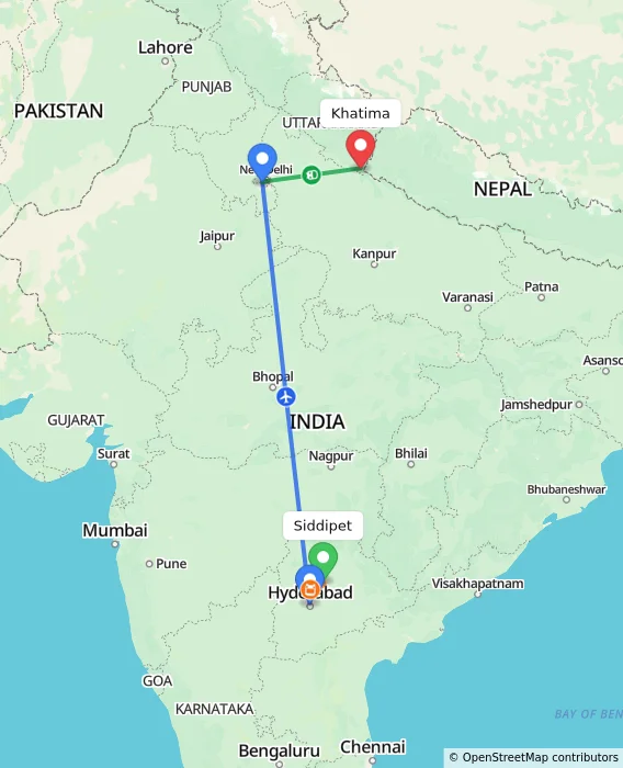 Route map showing distance and travel time from Siddipet, India to Khatima, India